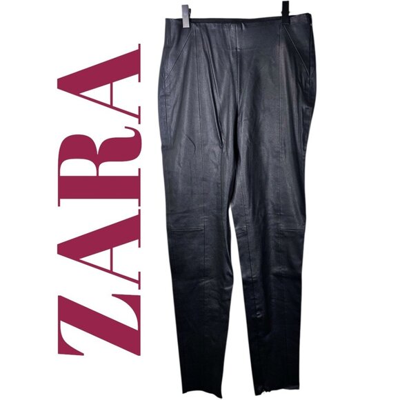 ZARA FAUX LEATHER PANTS MID RISE ANKLE ZIP BLACK GOTHCORE BIKER STREETWEAR, MED - Picture 13 of 16